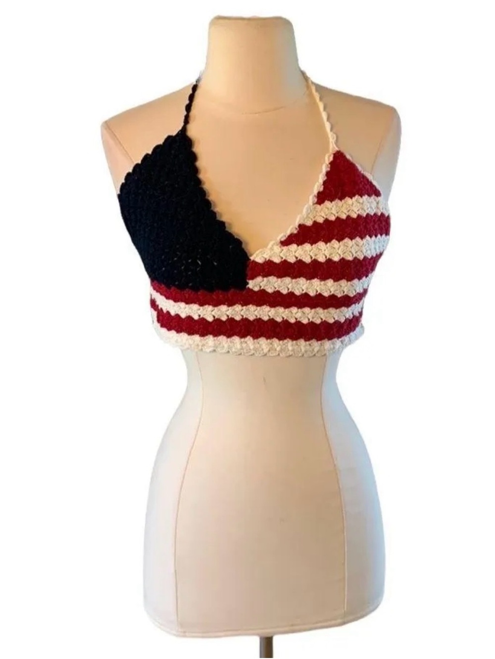 Handmade Crochet American Flag Halter Crop Top - Red White Blue size medium